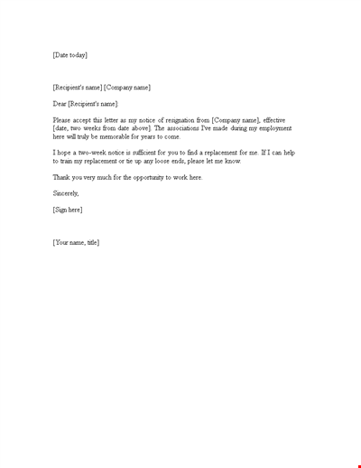 Two Weeks Notice Template for Company