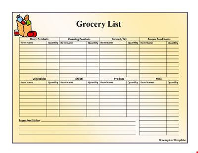 Printable Grocery List Template - Food Shopping