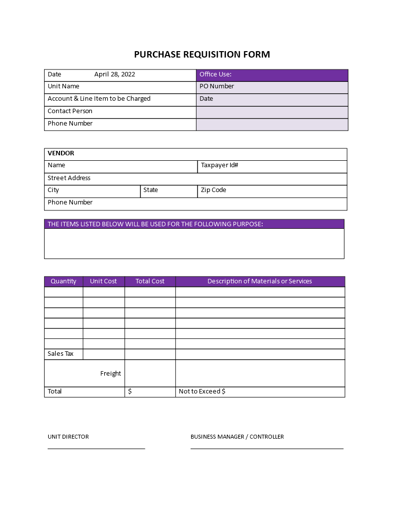 purchase requisition form template example