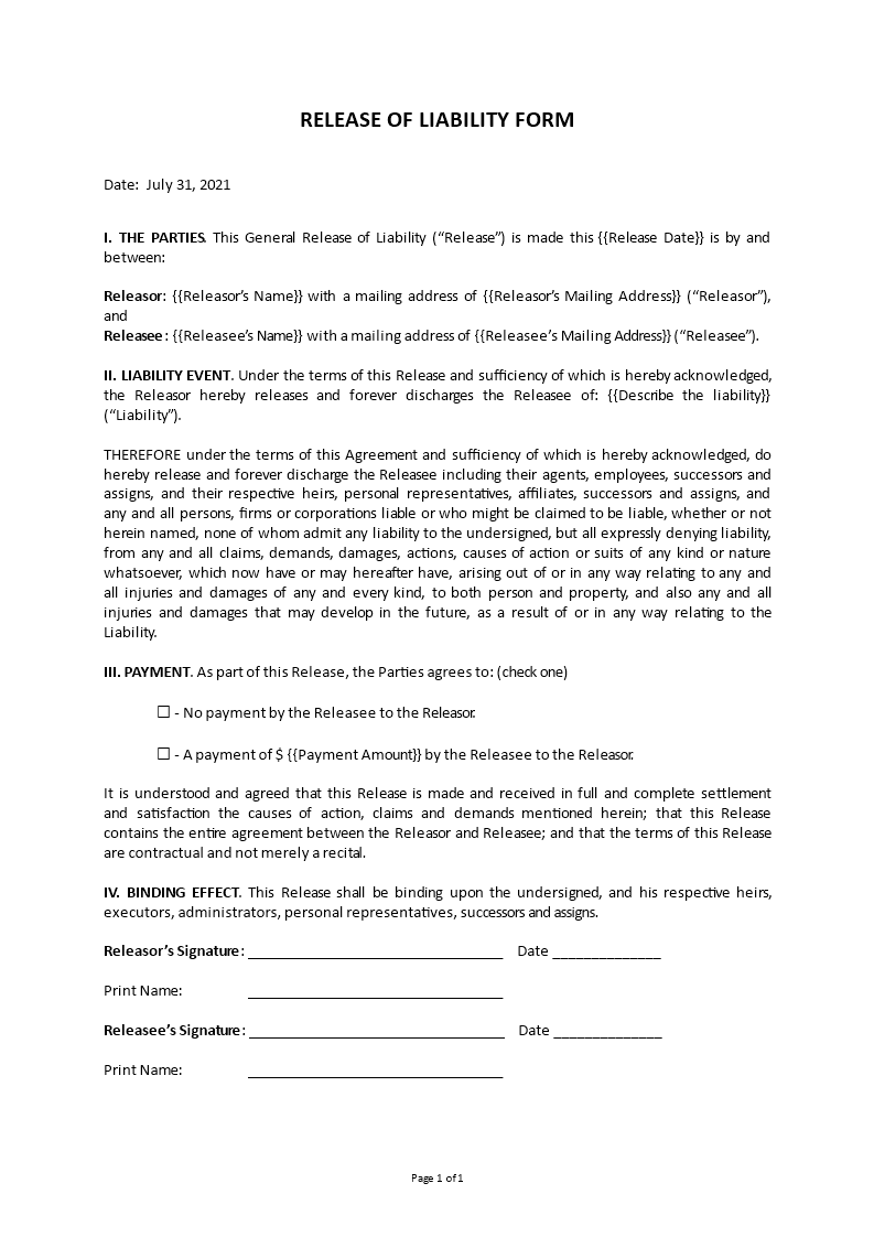 release of liability form
