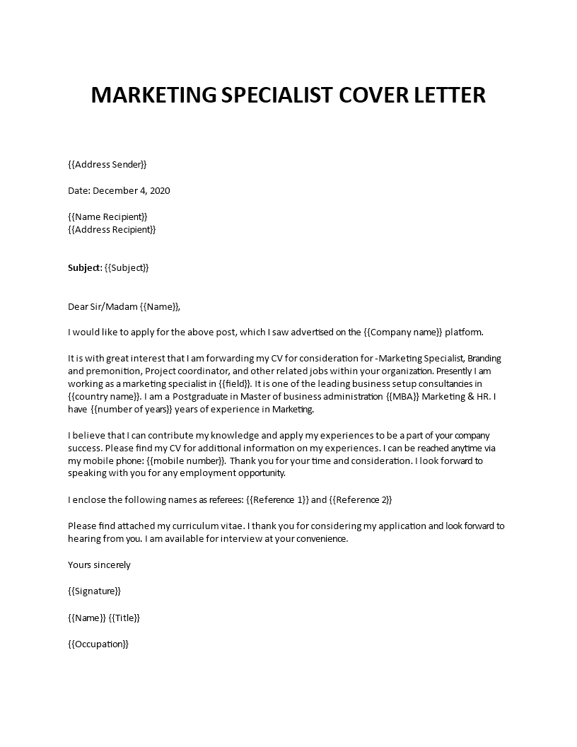 marketing specialist cover letter template