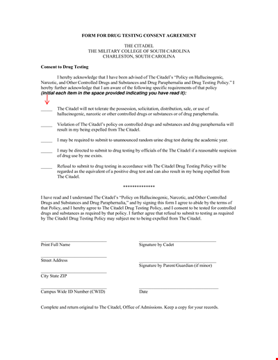 Drug Testing Consent Agreement Form - Policy for Controlled Substance Testing at Citadel