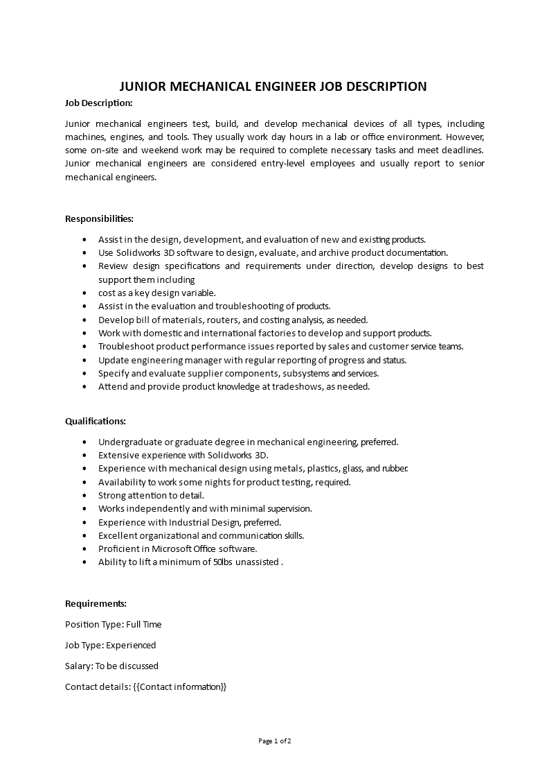 junior mechanical job description Main Image junior mechanical job description