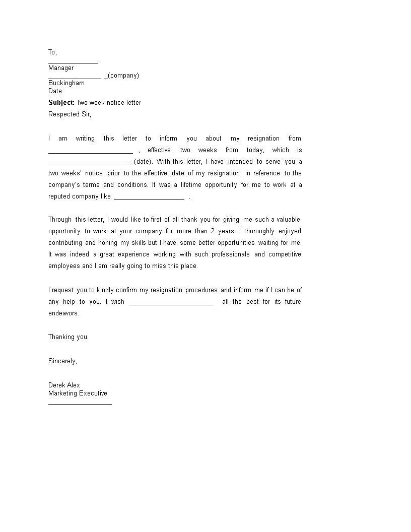 Two Weeks Notice Letter