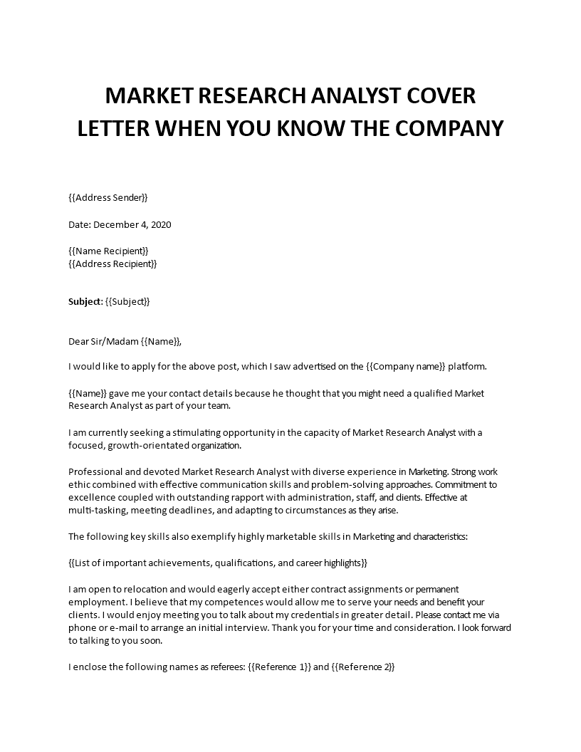 market research analyst cover letter template