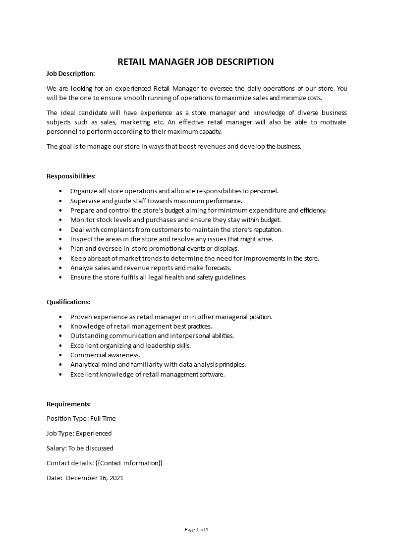retail manager job description Main Image retail manager job description