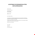 Acceptance of resignation letter with appreciation example document template 