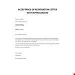 Acceptance of resignation letter with appreciation example document template