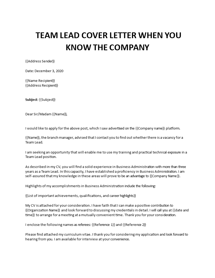 team lead cover letter template template