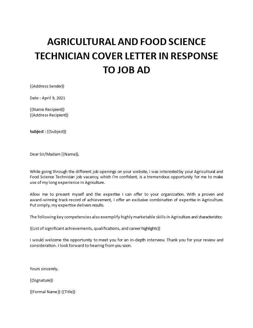 Sample cover letter for Agriculture Internship