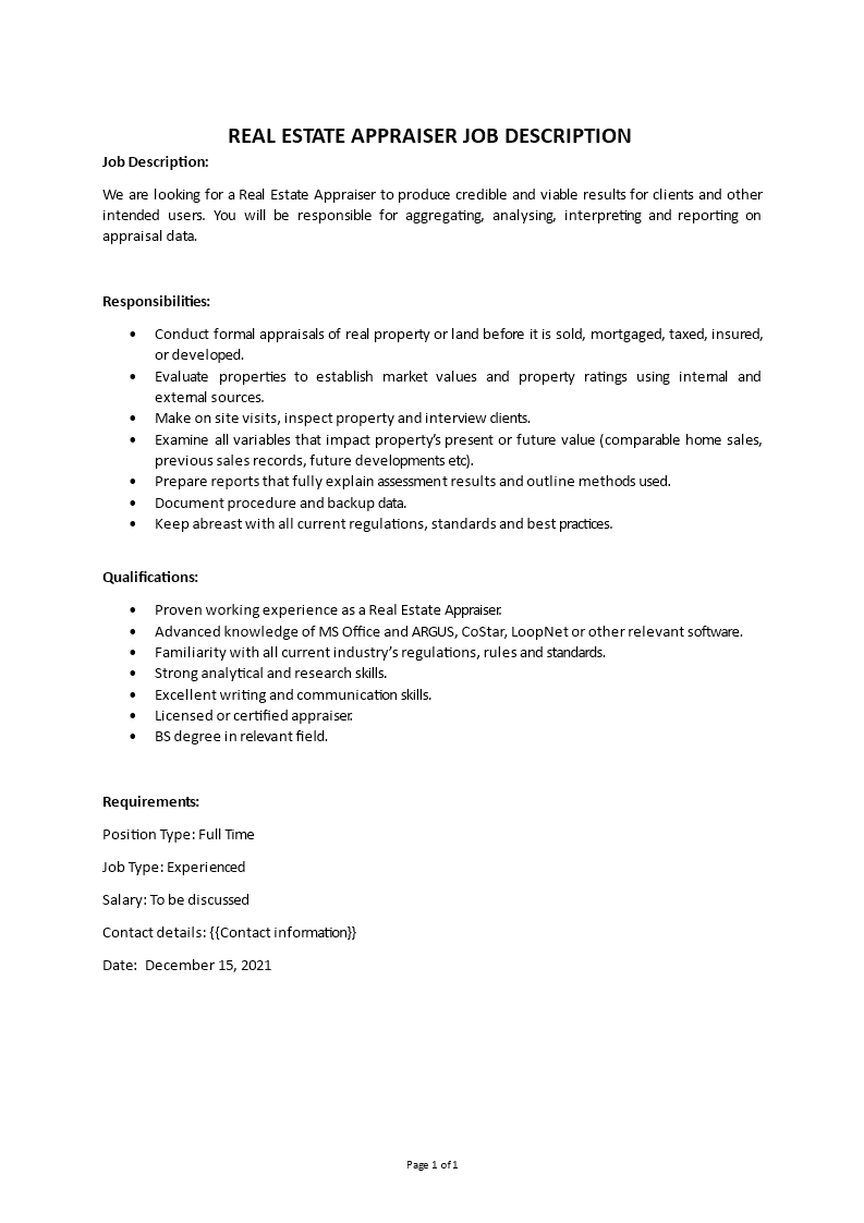 real estate appraiser job description