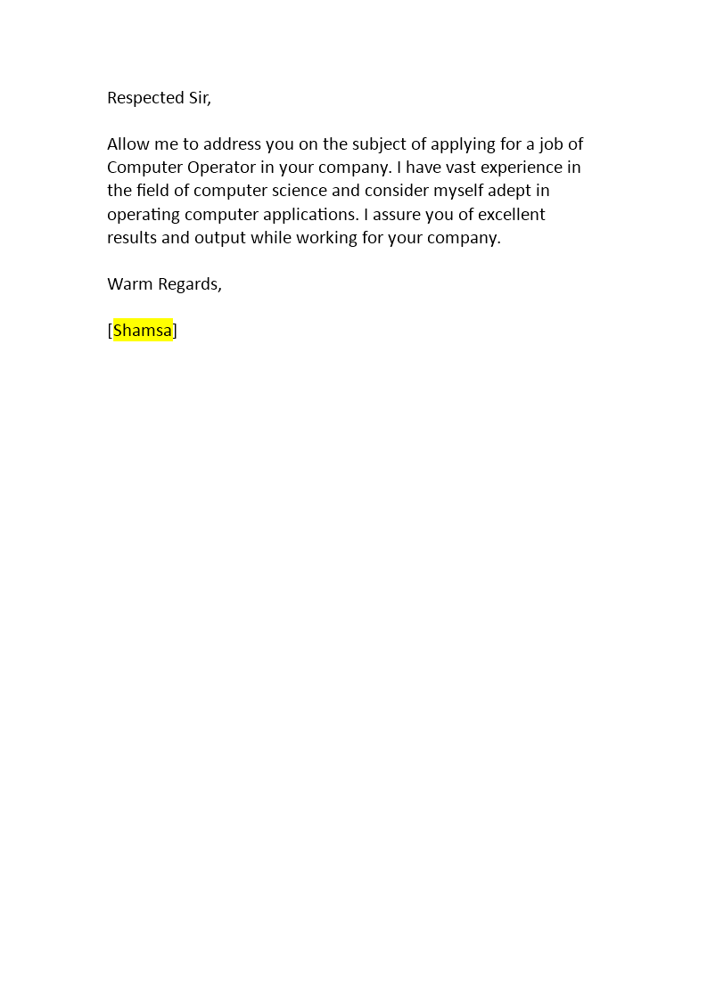 cover letter for computer operator job template