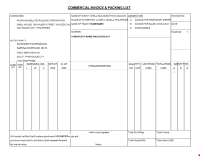 Commercial Invoice Template including Packing List