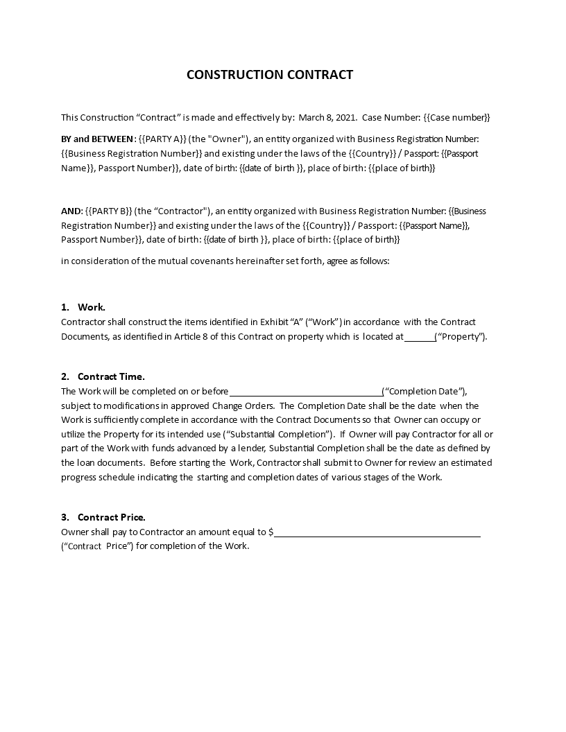 construction contract template example