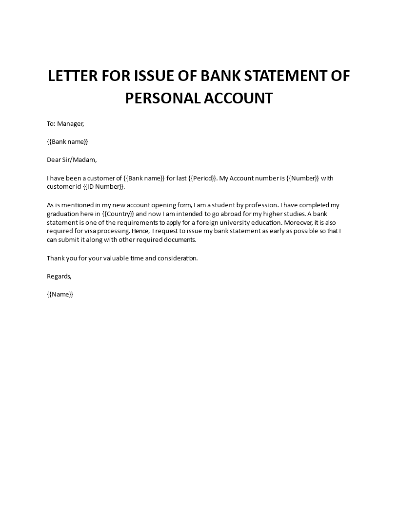 letter for issue of bank statement of personal account