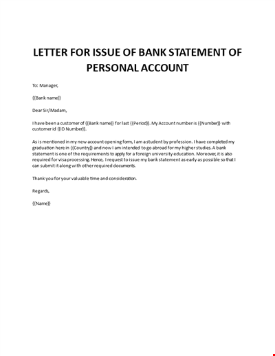 Letter for issue of bank statement of personal account