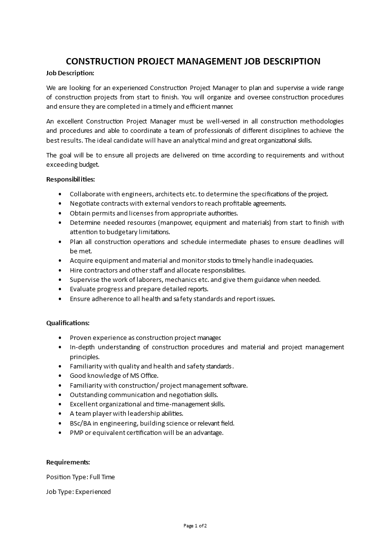 construction project management job description Main Image construction project management job description template