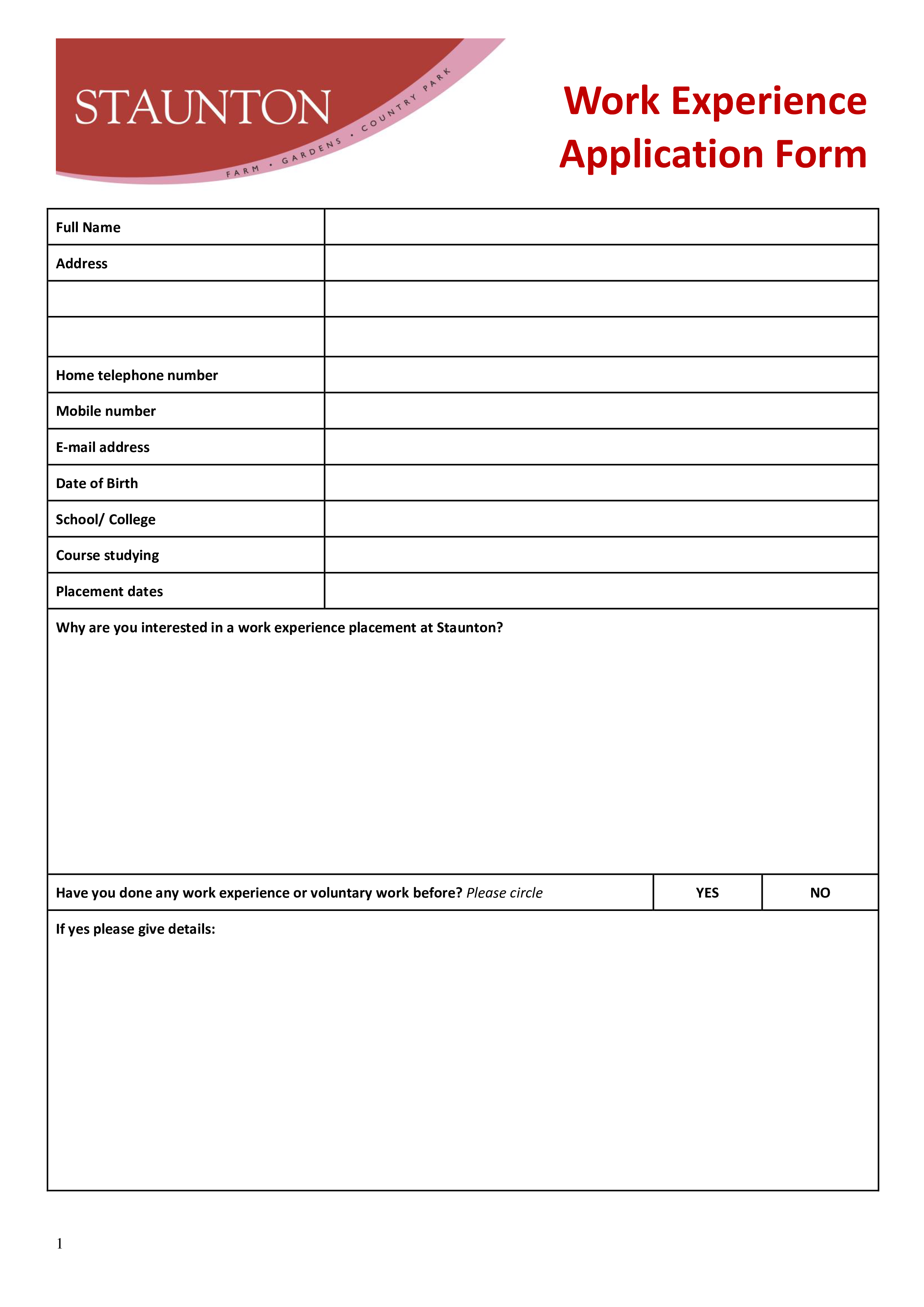 Work Experience Application Form work-experience-application-form