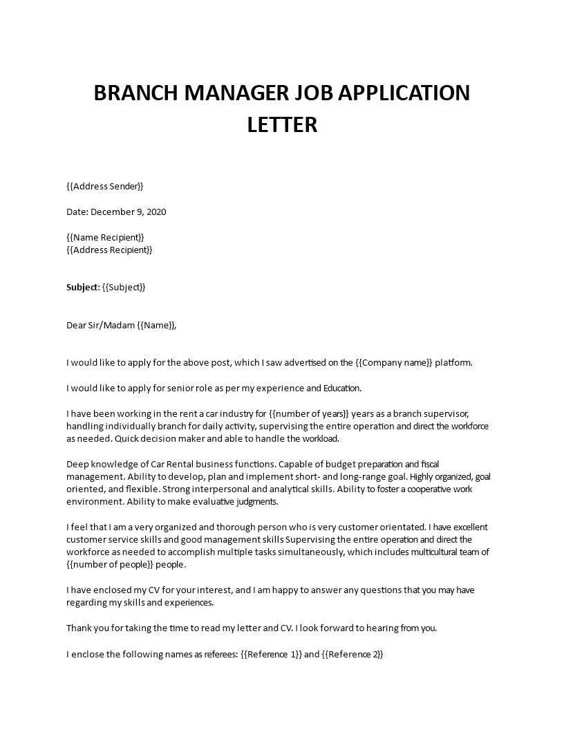 branch manager job application letter template