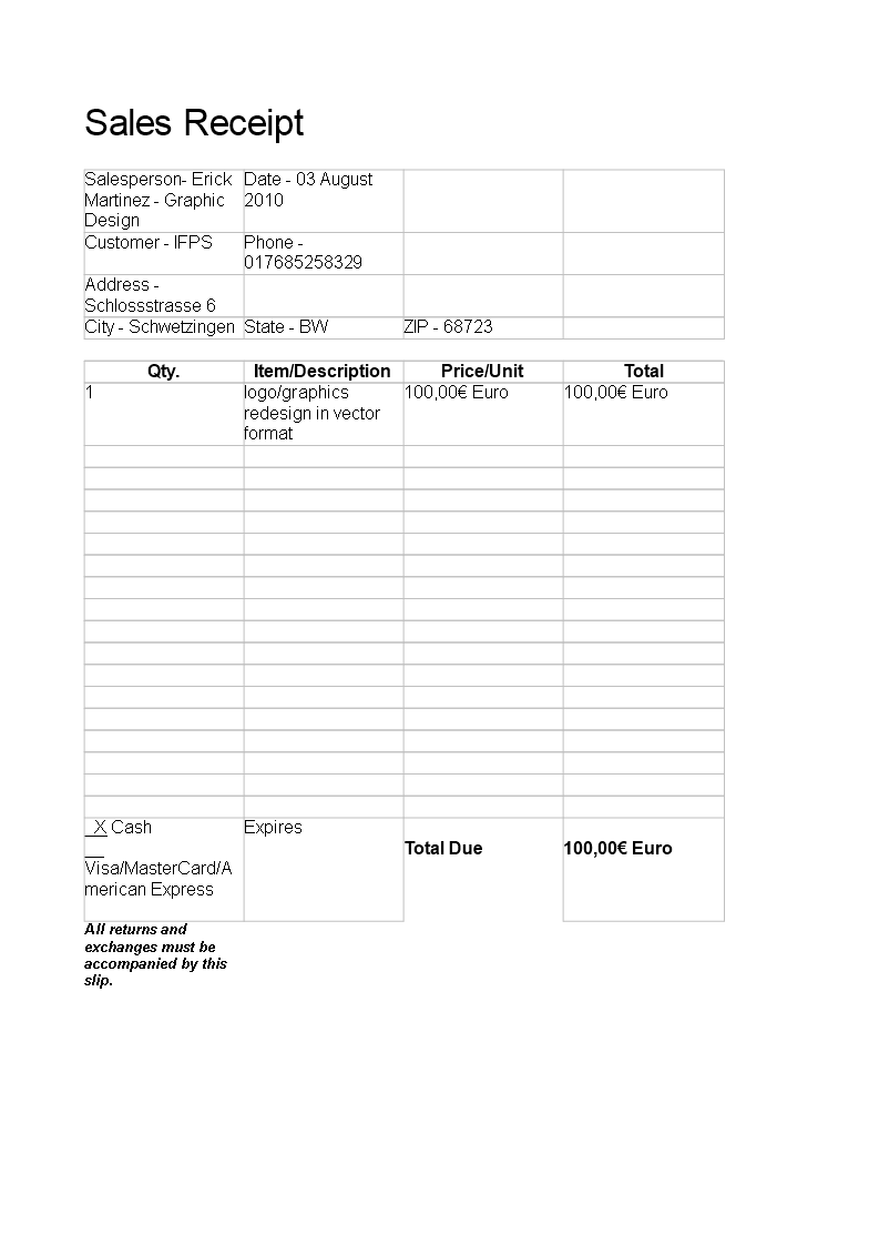 Simple sales receipt format
