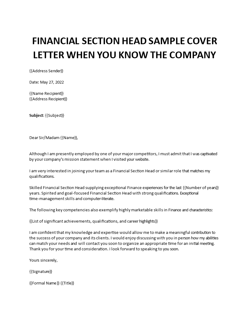 financial section head cover letter template