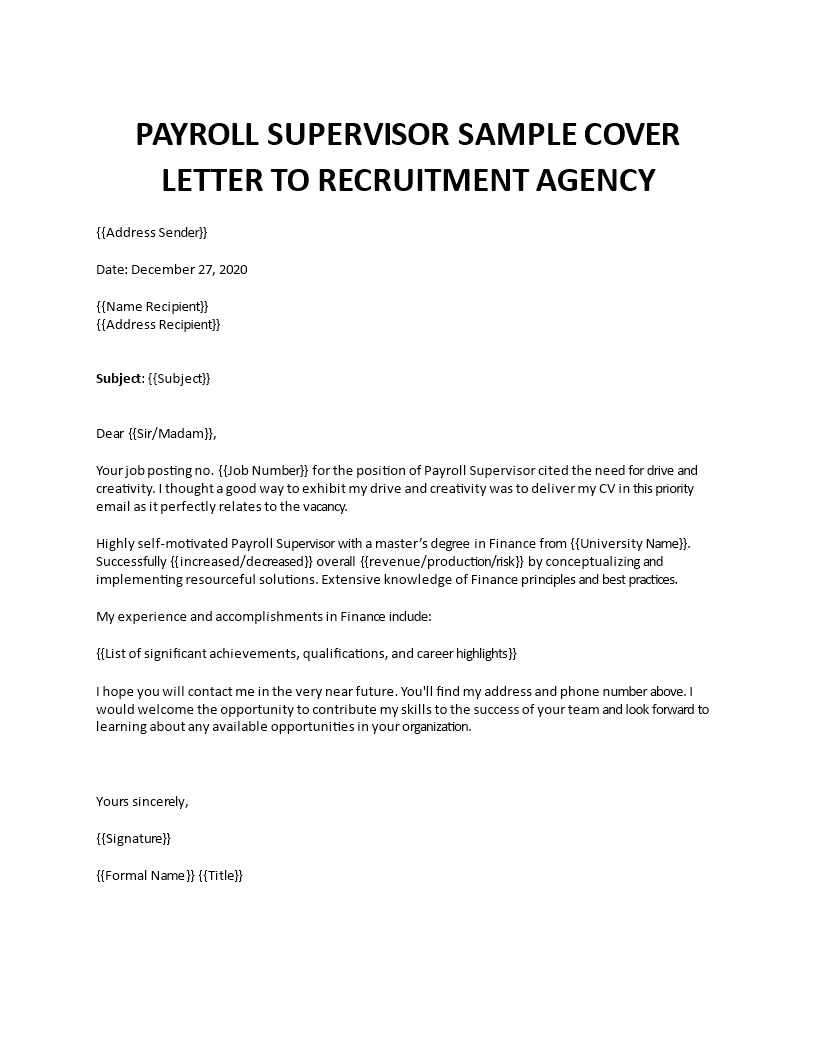 payroll supervisor cover letter
