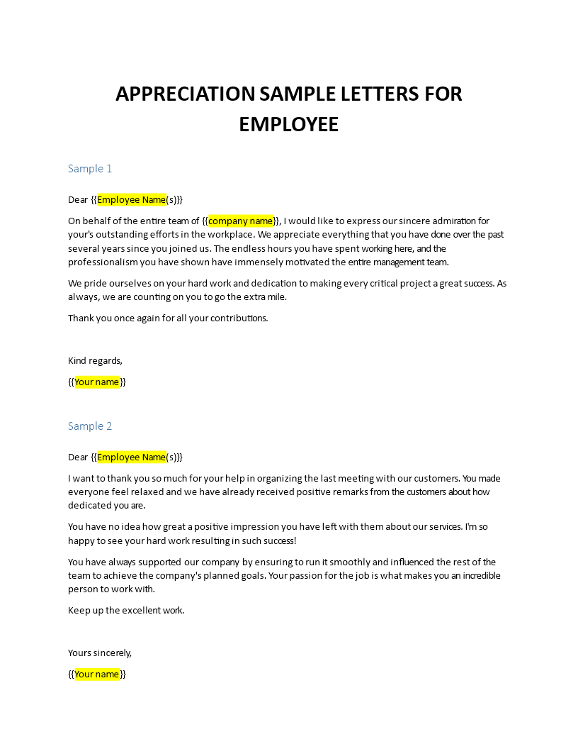 appreciation letter for employee template