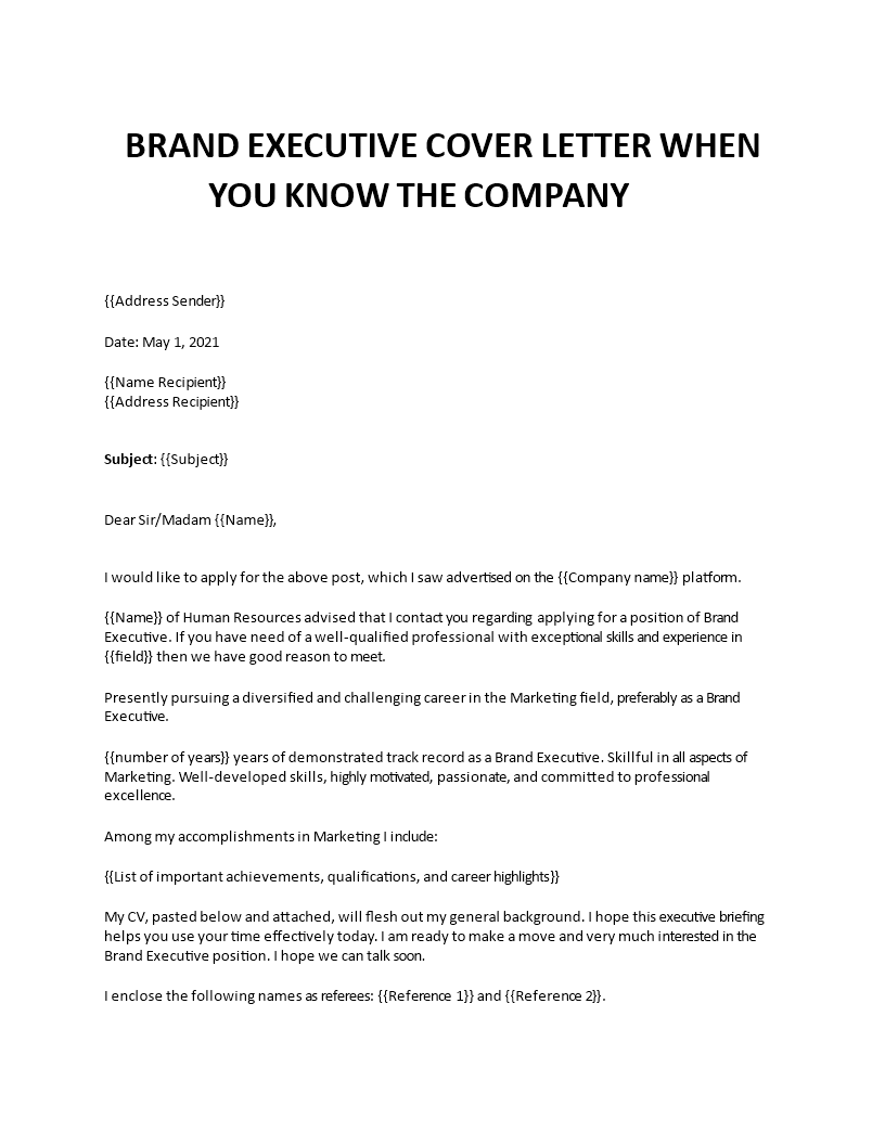 brand executive sample cover letter