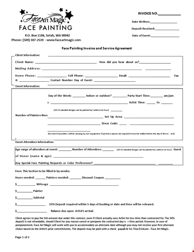 Face Painting Invoice And Service Agreement