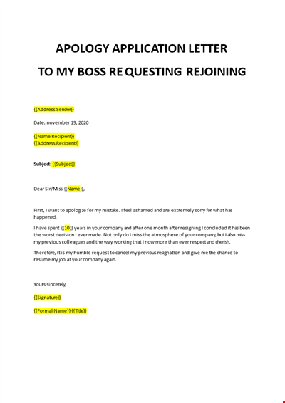 Apology Application Letter to My Boss regarding Rejoining