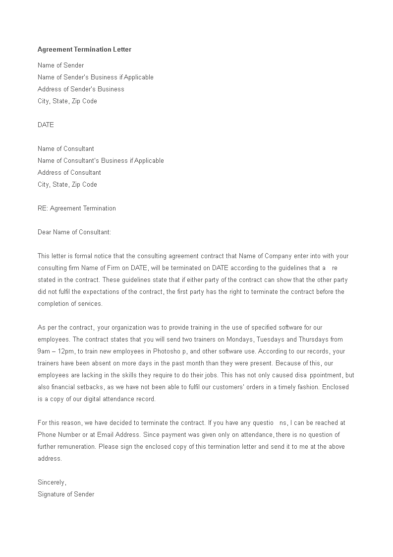 Sample Agreement Termination Letter Sample Agreement Termination Letter