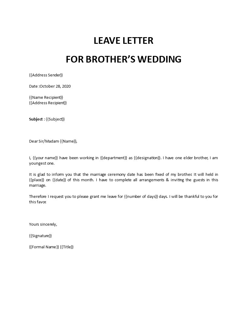 leave letter for brother wedding template