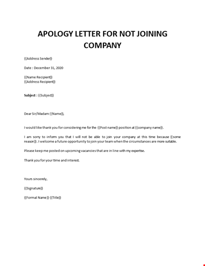 Apology letter for not joining company after accepting offer