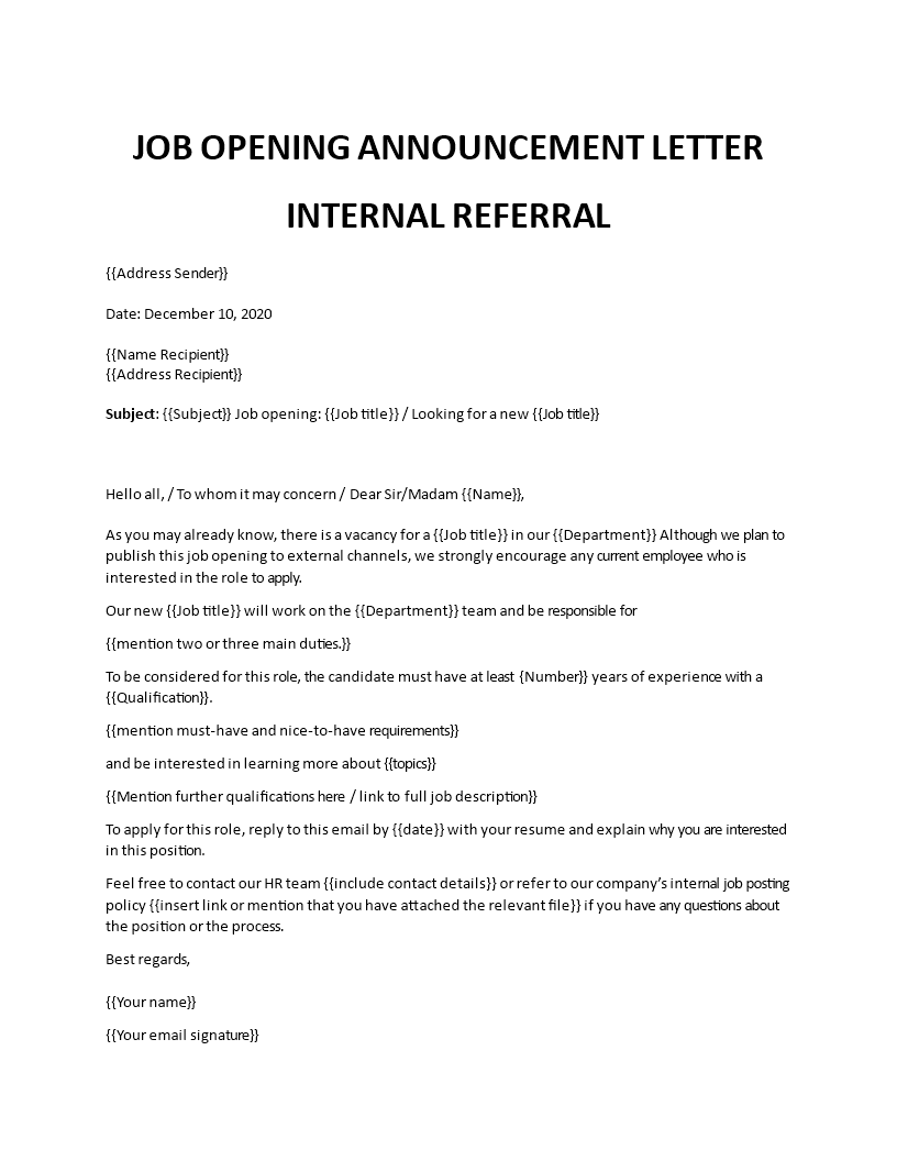 job opening announcement letter to employees template