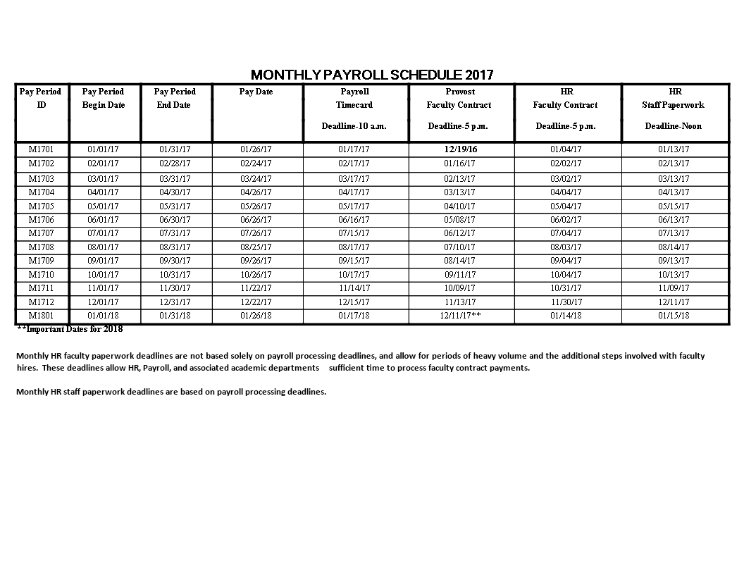 Monthly Payroll Schedule Template for Payroll and Faculty