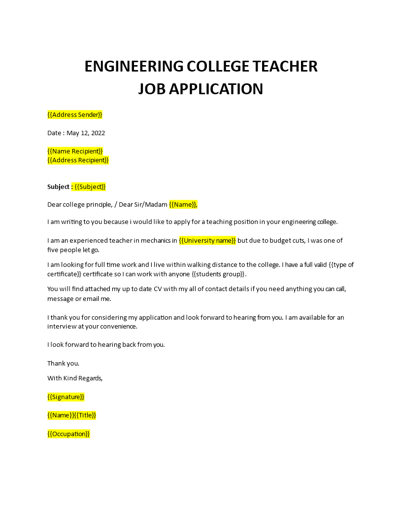 cover letter for teaching position template template