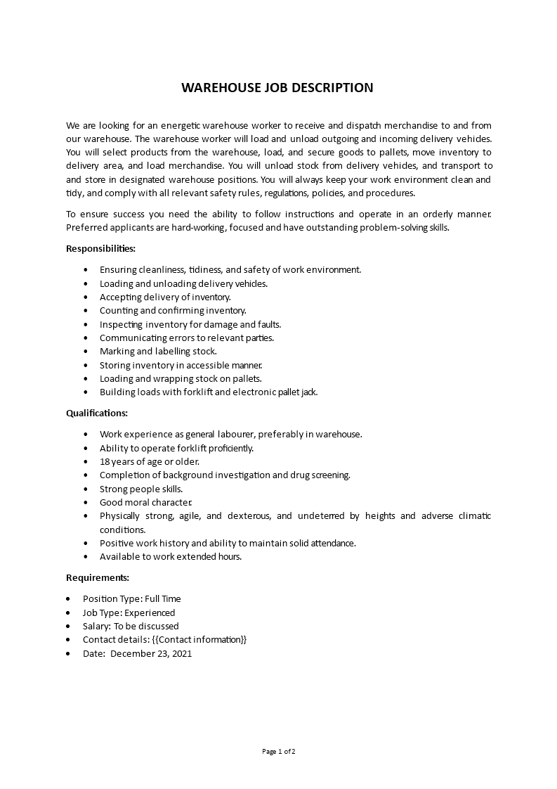 warehouse associate job description template