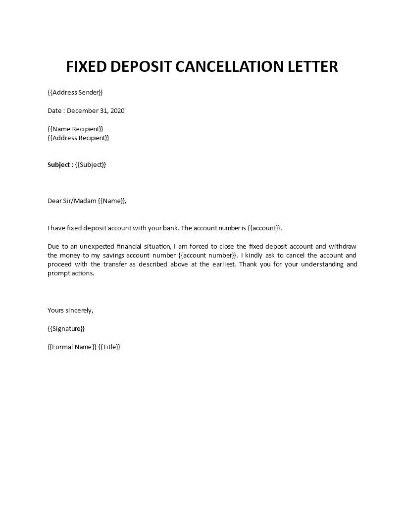 fixed deposit cancellation letter