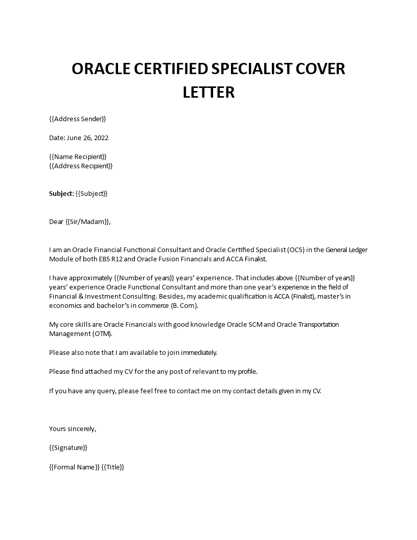 oracle specialist cover letter