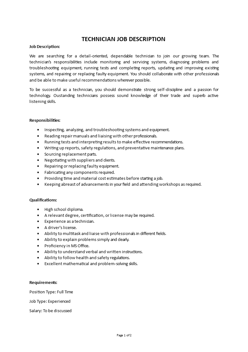 technician job description Main Image technician job description