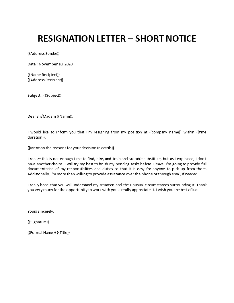 Resignation Letter Short Notice