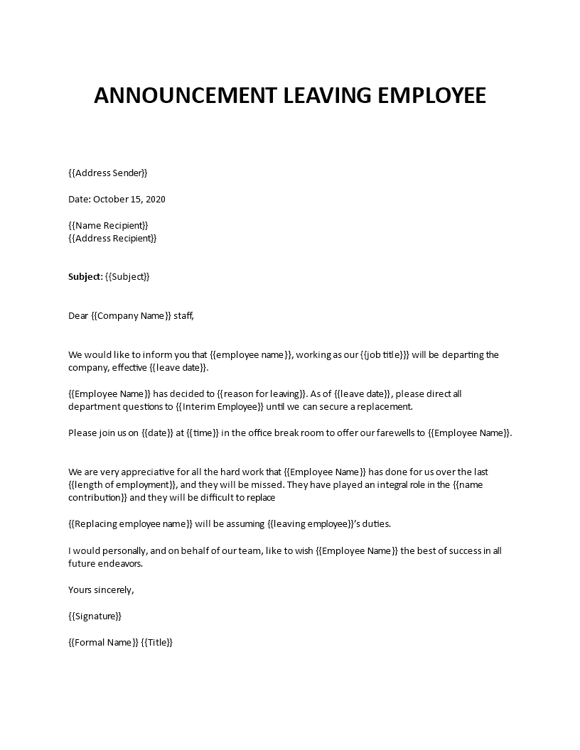 announcement of leaving employee