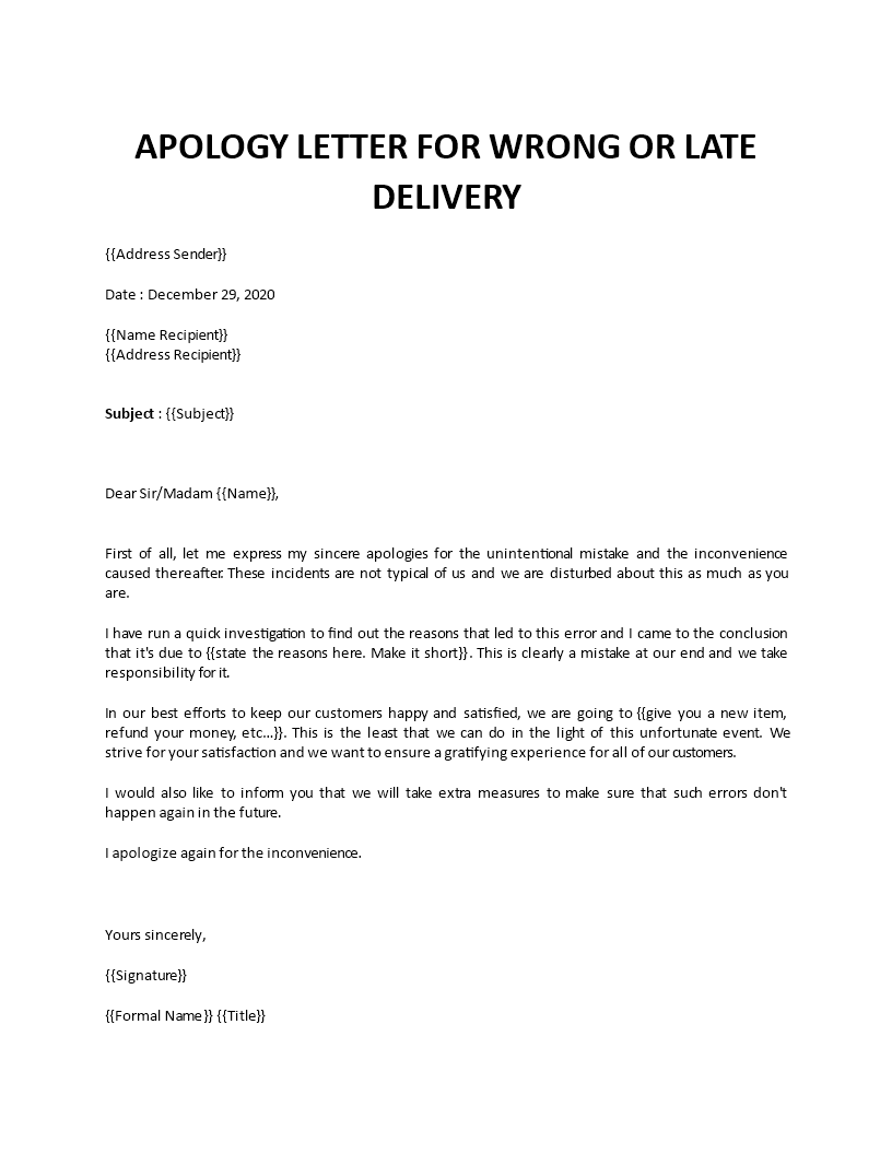 apology letter for delay in delivery template