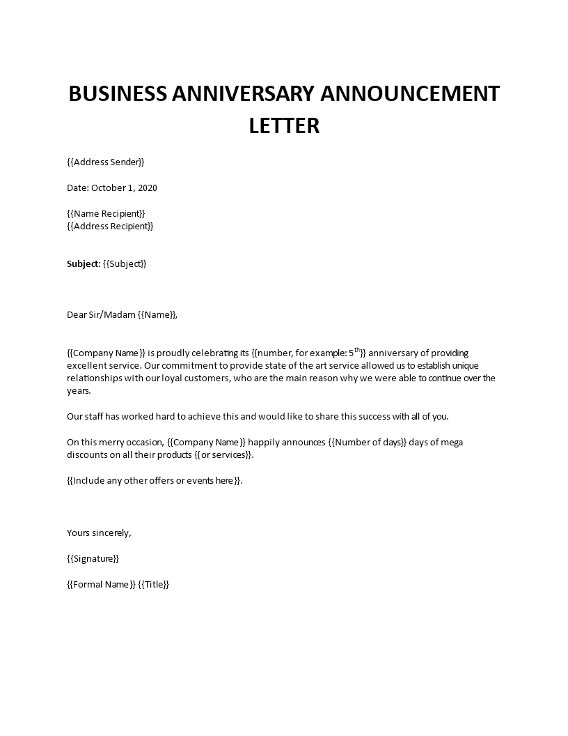 business anniversary announcement letter