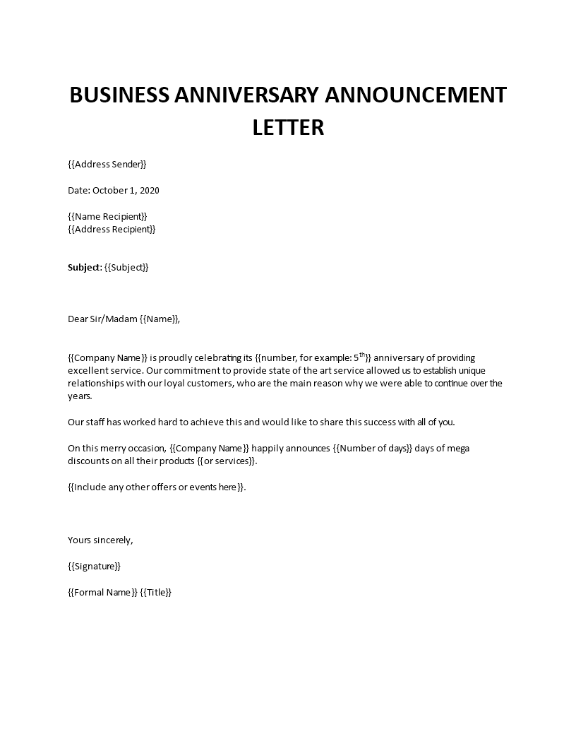 Business anniversary announcement letter