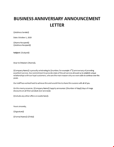 Business anniversary announcement letter