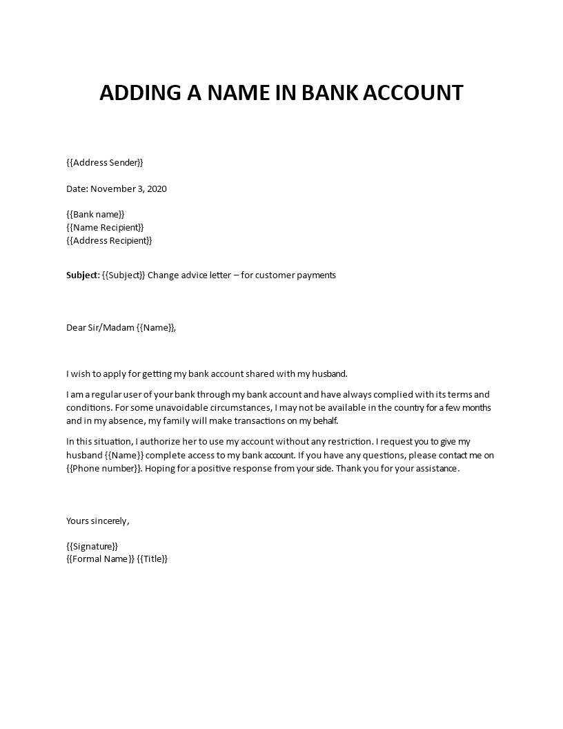 add name bank account request template