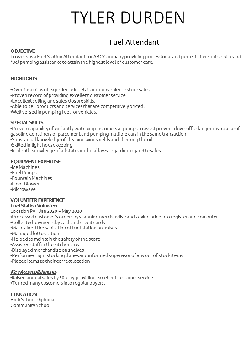 fuel attendant position resume example