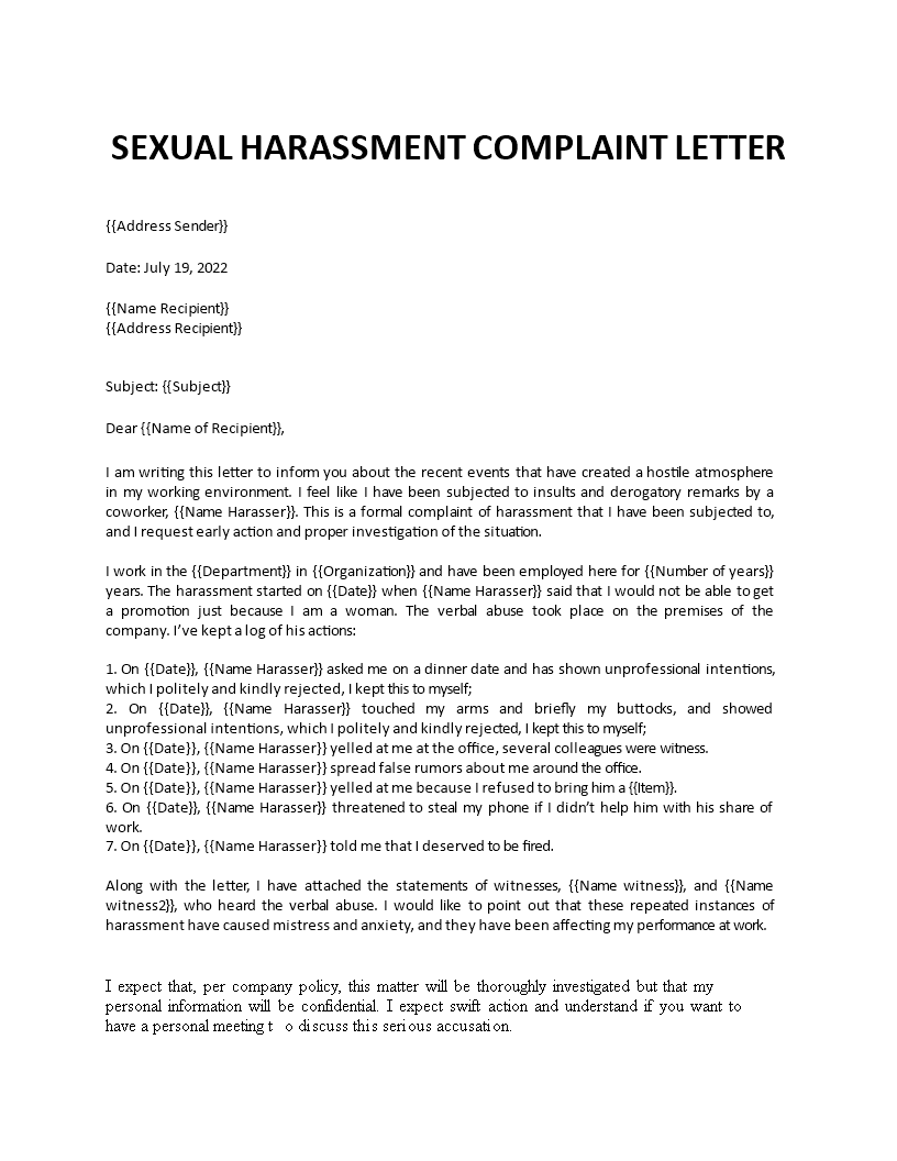 sexual harassment complaint letter template