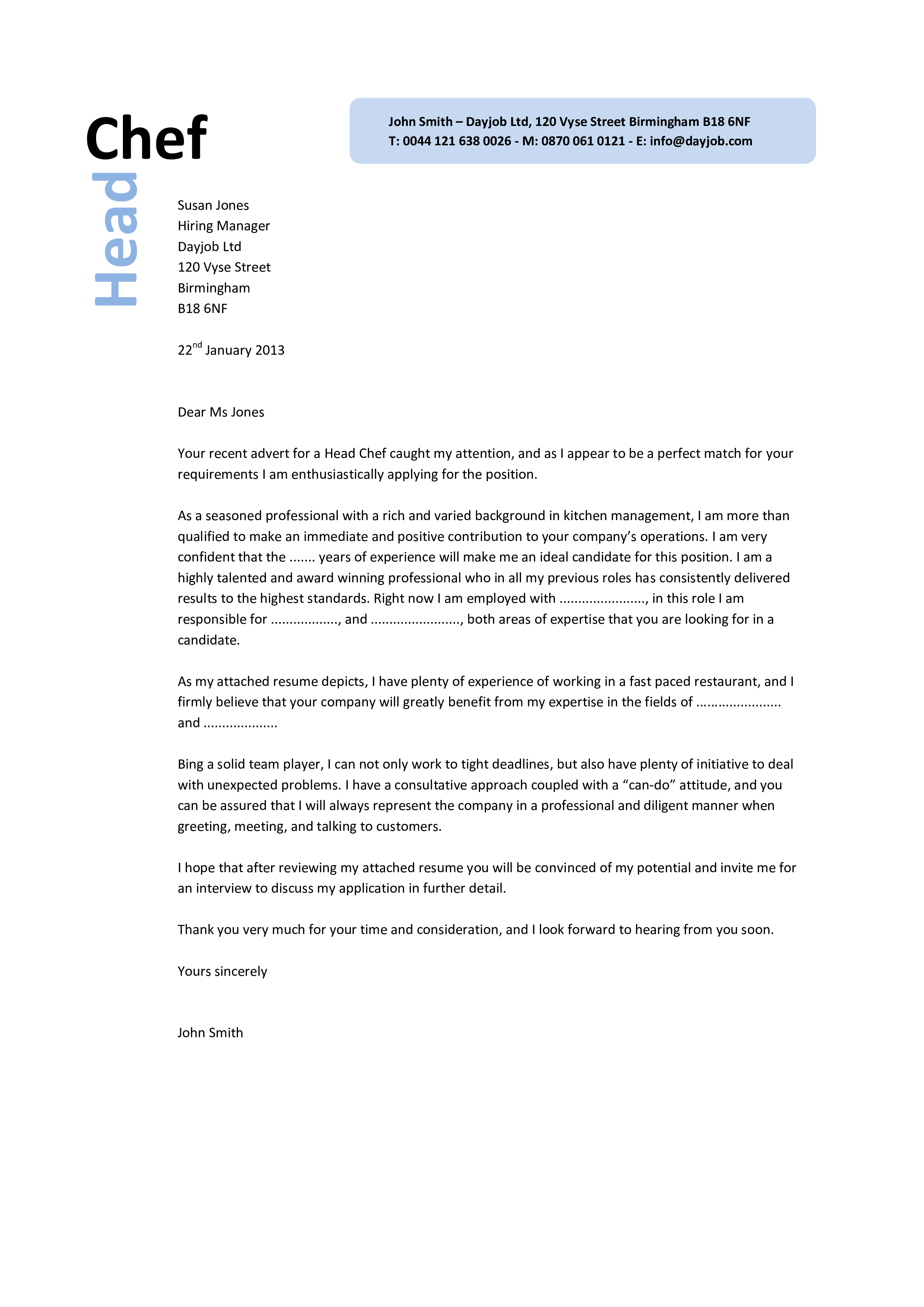 cover letter for chef de partie position